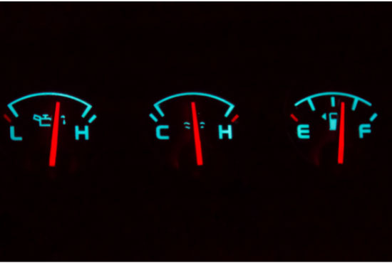 Engine oil  temperature and gas gauges at night